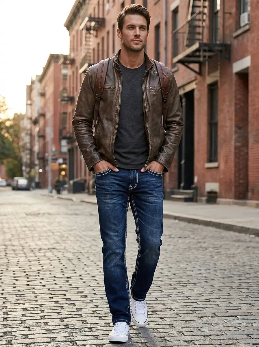 Man wearing classic-cut straight jeans