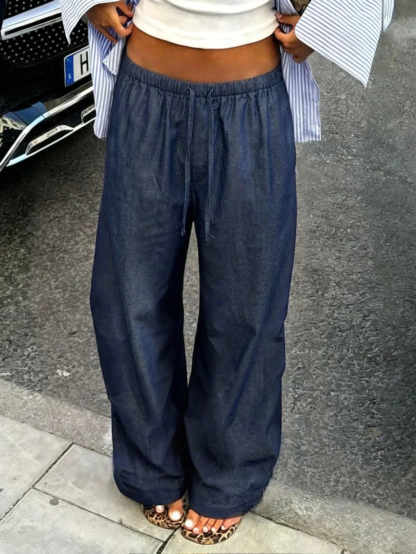 Deep Blue wide-leg drawstring pants