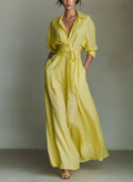 Lemon yellow cotton-linen maxi shirt dress, button-front collar and self-tie waist detail