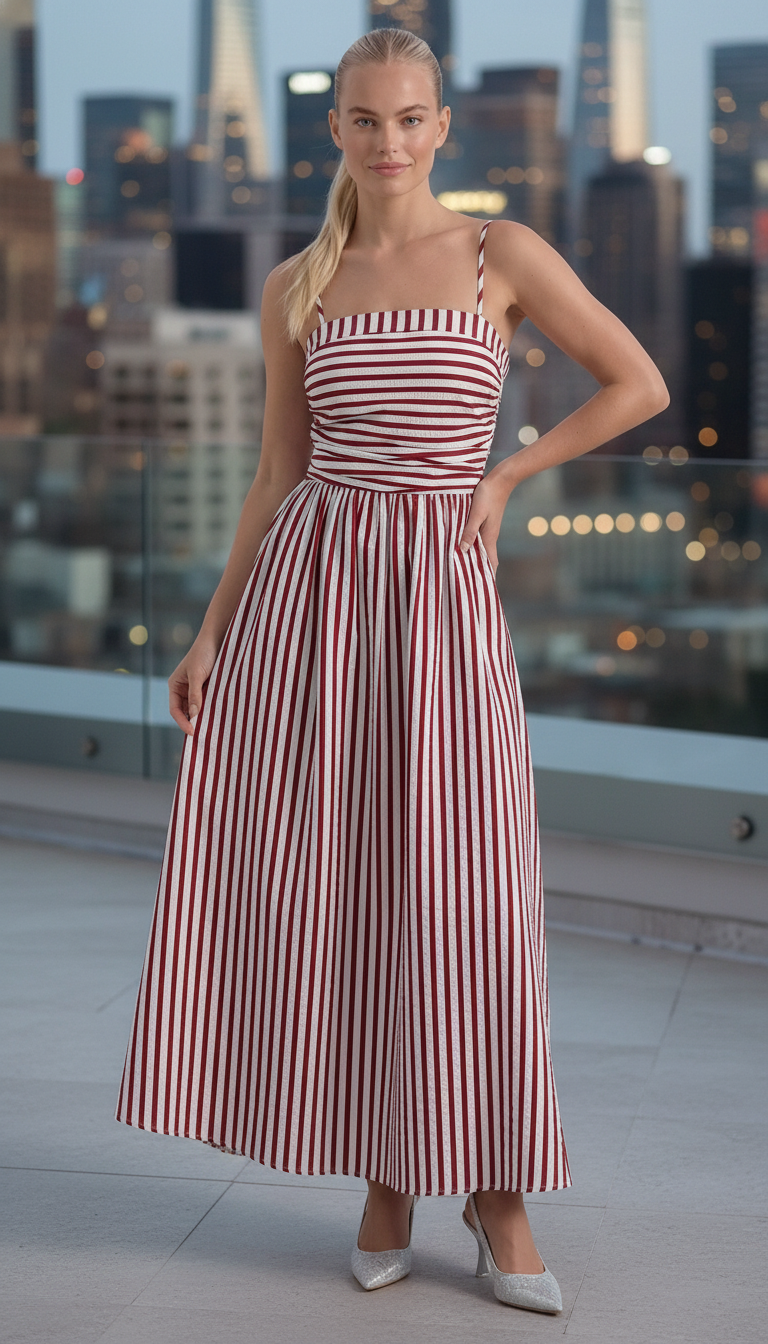 Red striped flowy summer maxi dress detail