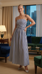 Blue striped flowy maxi dress, front view