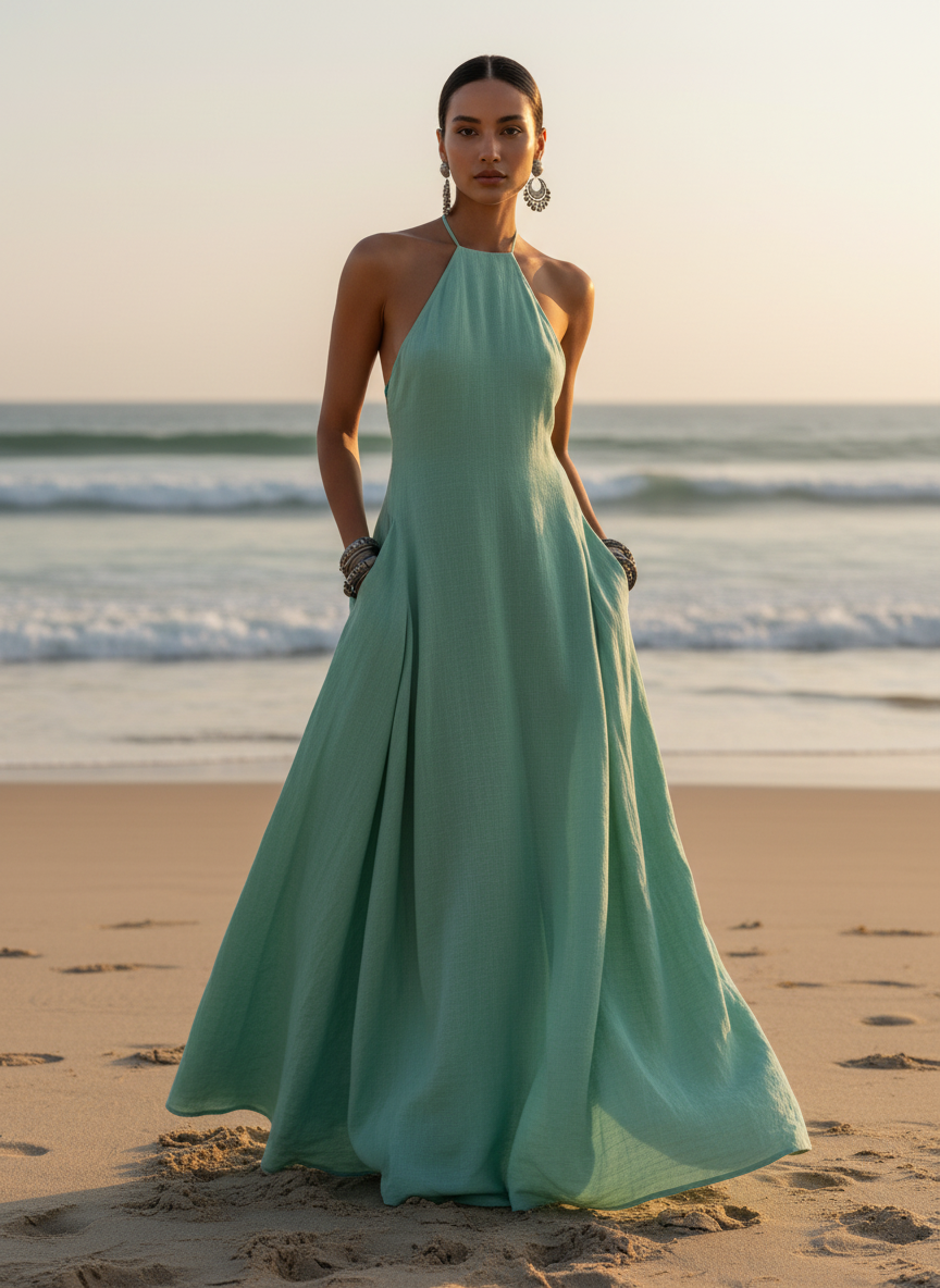 Minimalist linen-blend halter maxi dress in black, front view