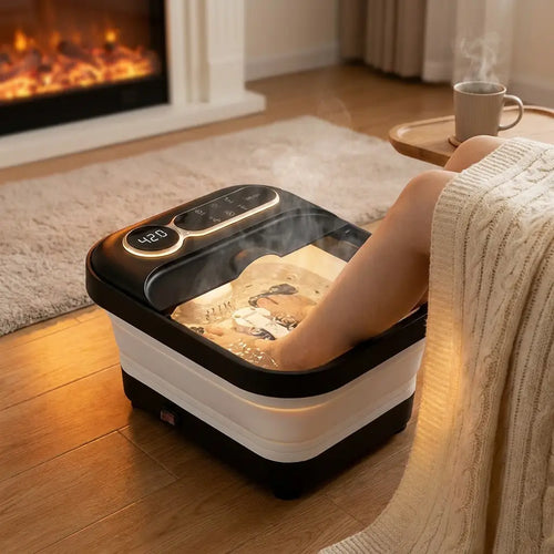 Collapsible heated foot spa in living room