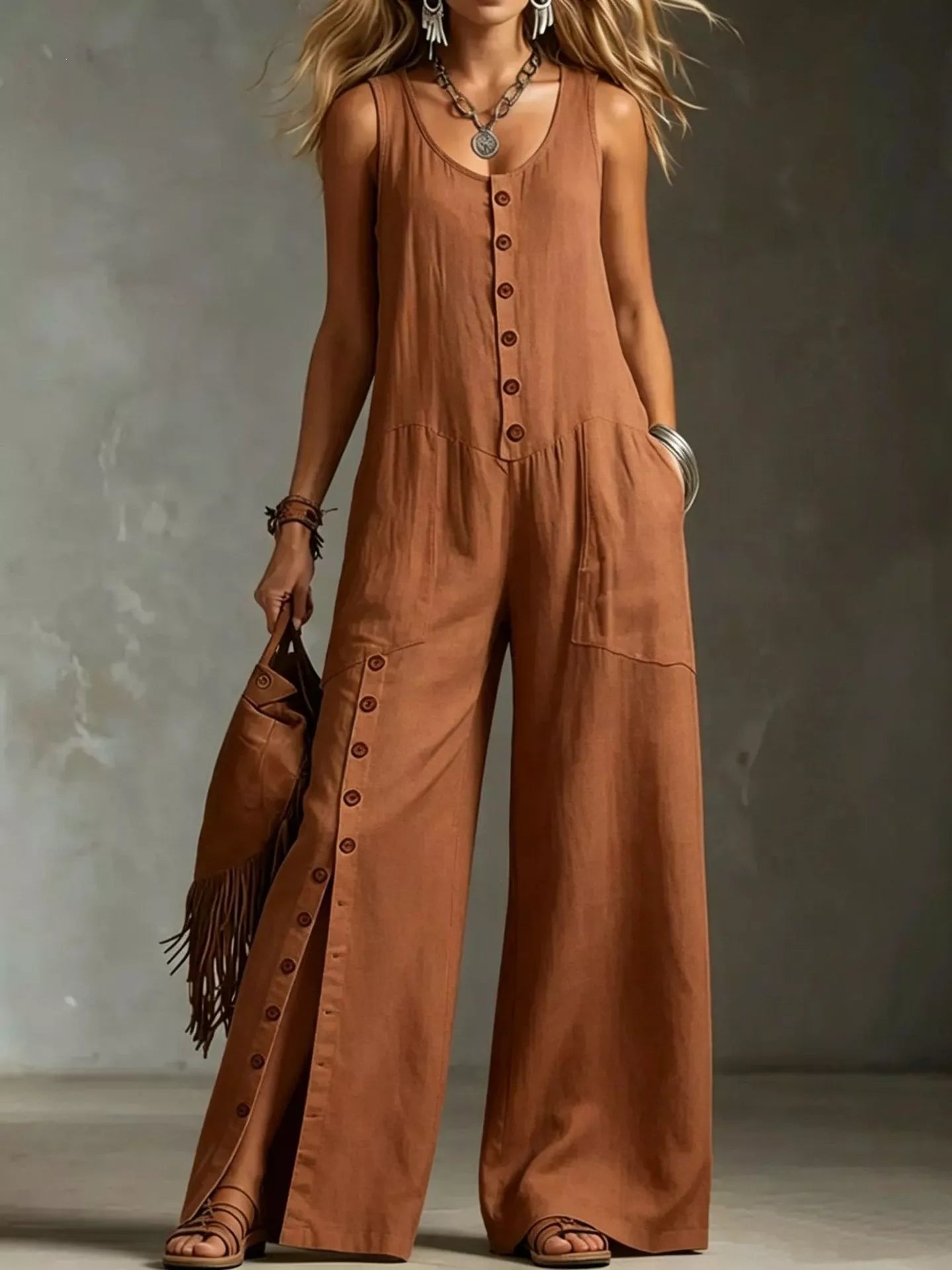 Sleeveless wide-leg jumpsuit in Caramel - front view