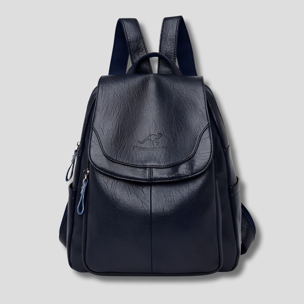 Anti-Theft Leather Backpack — Navy Blue