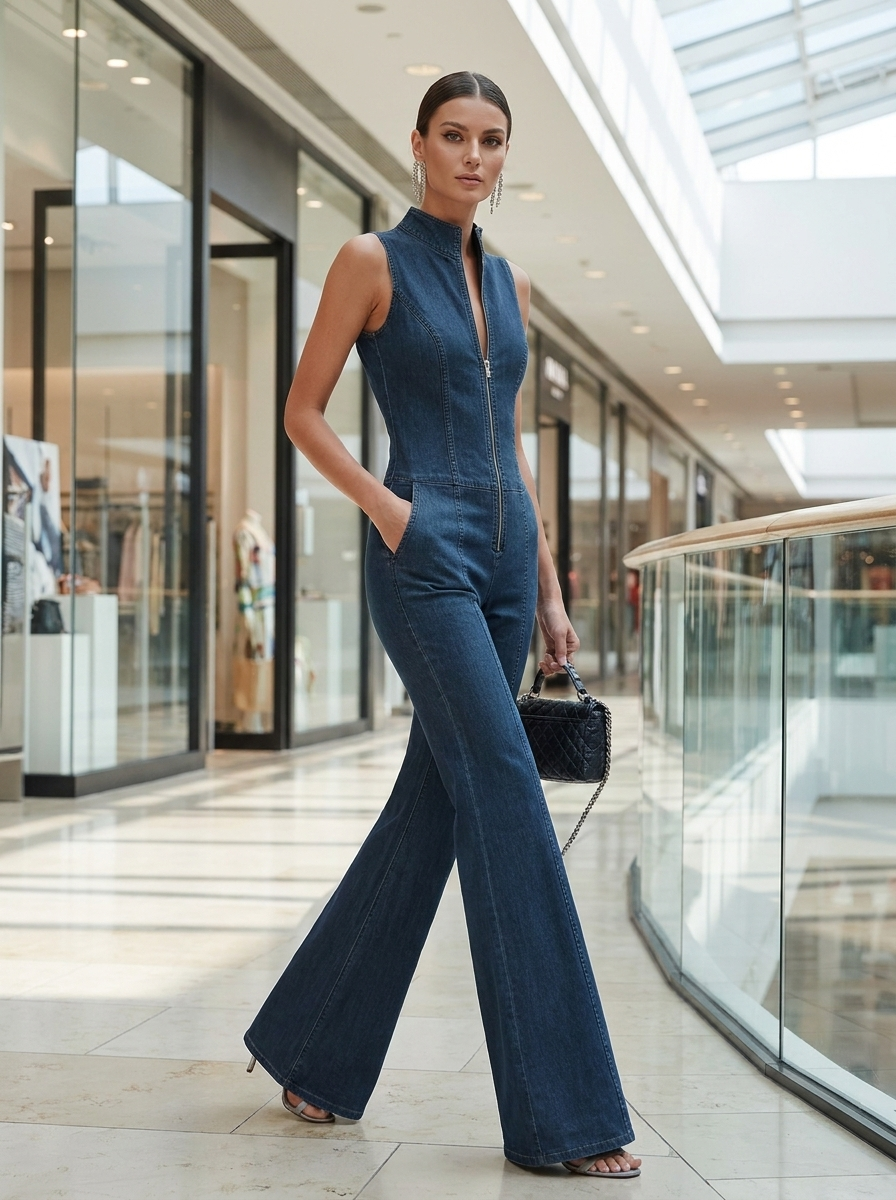 Model in denim flared jumpsuit at a shopping mall