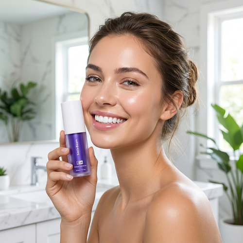 Woman using colour-corrector teeth serum