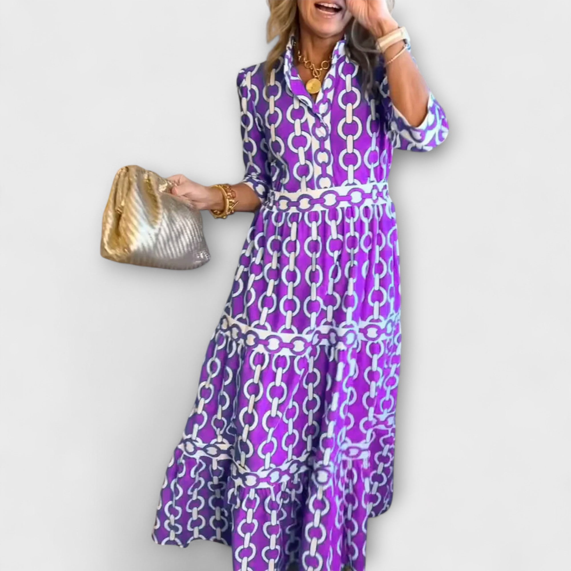 Purple chain-print midi dress