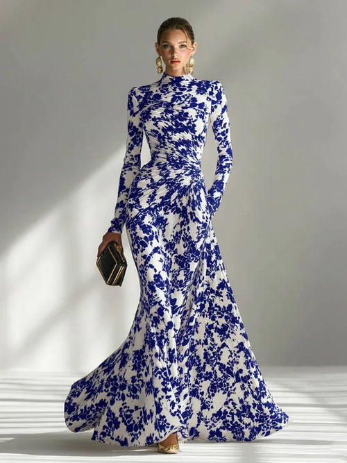 Model wearing the abstract floral mermaid maxi dress in Black