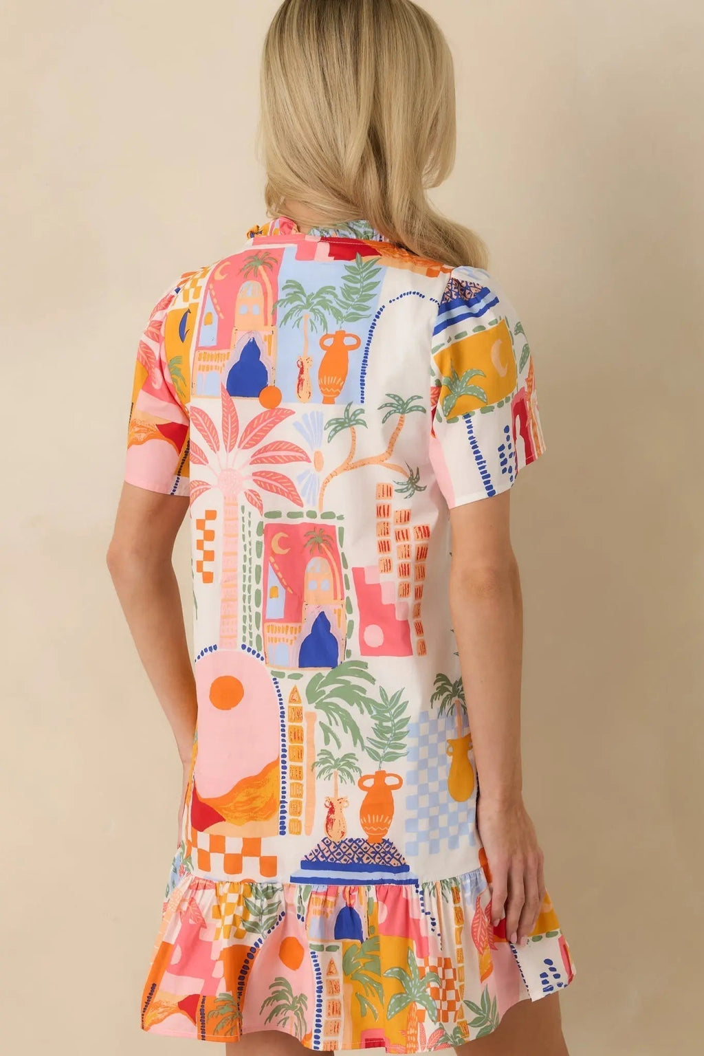 Women's A Place in The Sun Orange & Pink Multi Cotton V-Neck Mini Dress | 100% Cotton 7