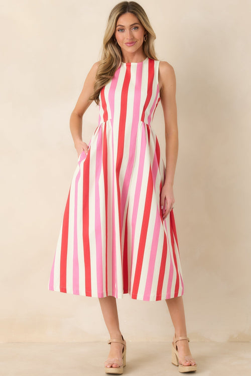 Women's All the Energy Pink Multi Stripe Cotton Sleeveless Midi Dress | 97% Cotton & 3% Spandex 0