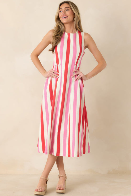Women's All the Energy Pink Multi Stripe Cotton Sleeveless Midi Dress | 97% Cotton & 3% Spandex 1