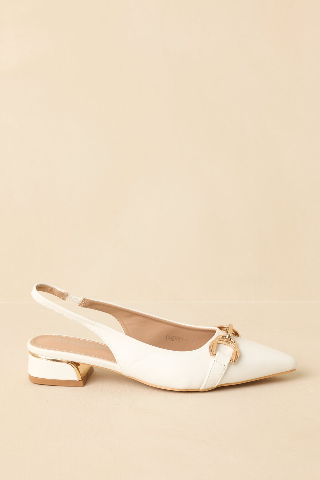 White pointed-toe slingback block heels - angled view