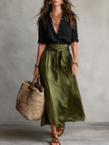 Bohemian Chic | Women's Black & Olive Satin Midi Matching Set | Effortless Style