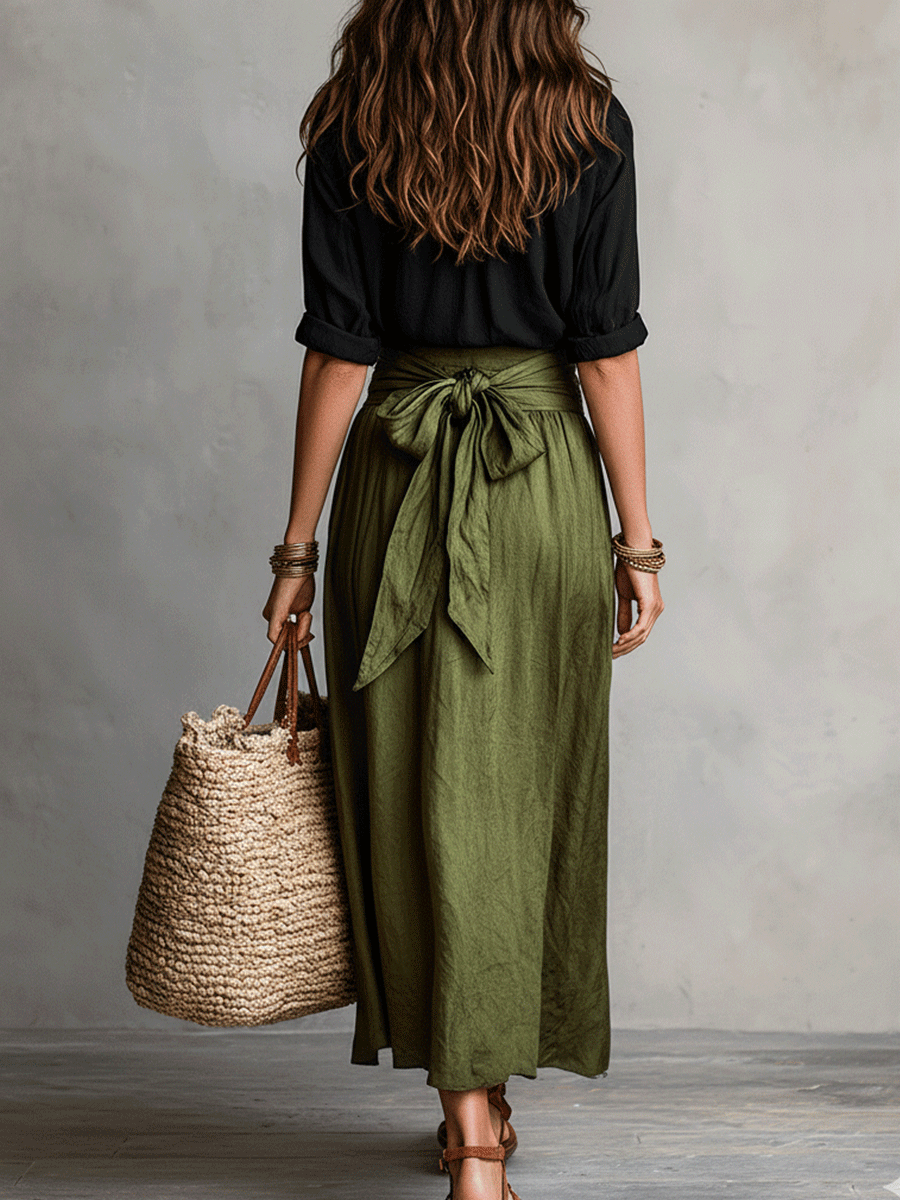 Bohemian Chic | Women's Black & Olive Satin Midi Matching Set | Effortless Style