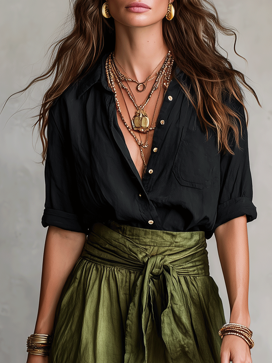 Bohemian Chic | Women's Black & Olive Satin Midi Matching Set | Effortless Style