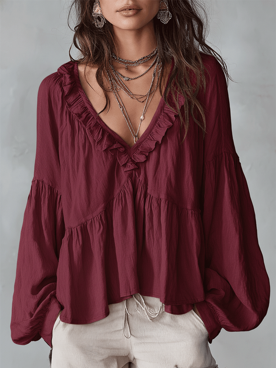 White ruffle blouse for women - close-up ruffle detail