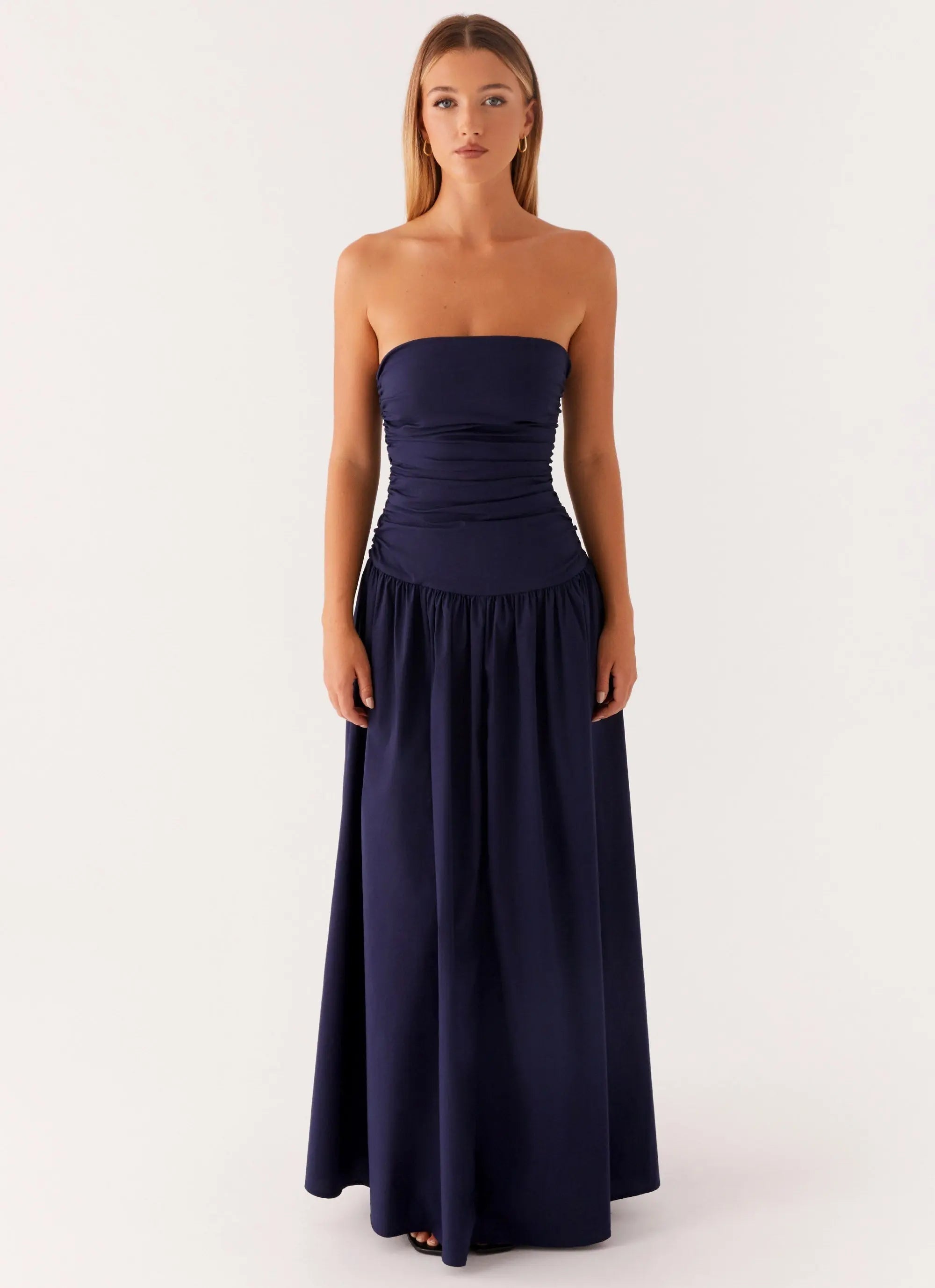 Strapless maxi dress with flared hem in navy