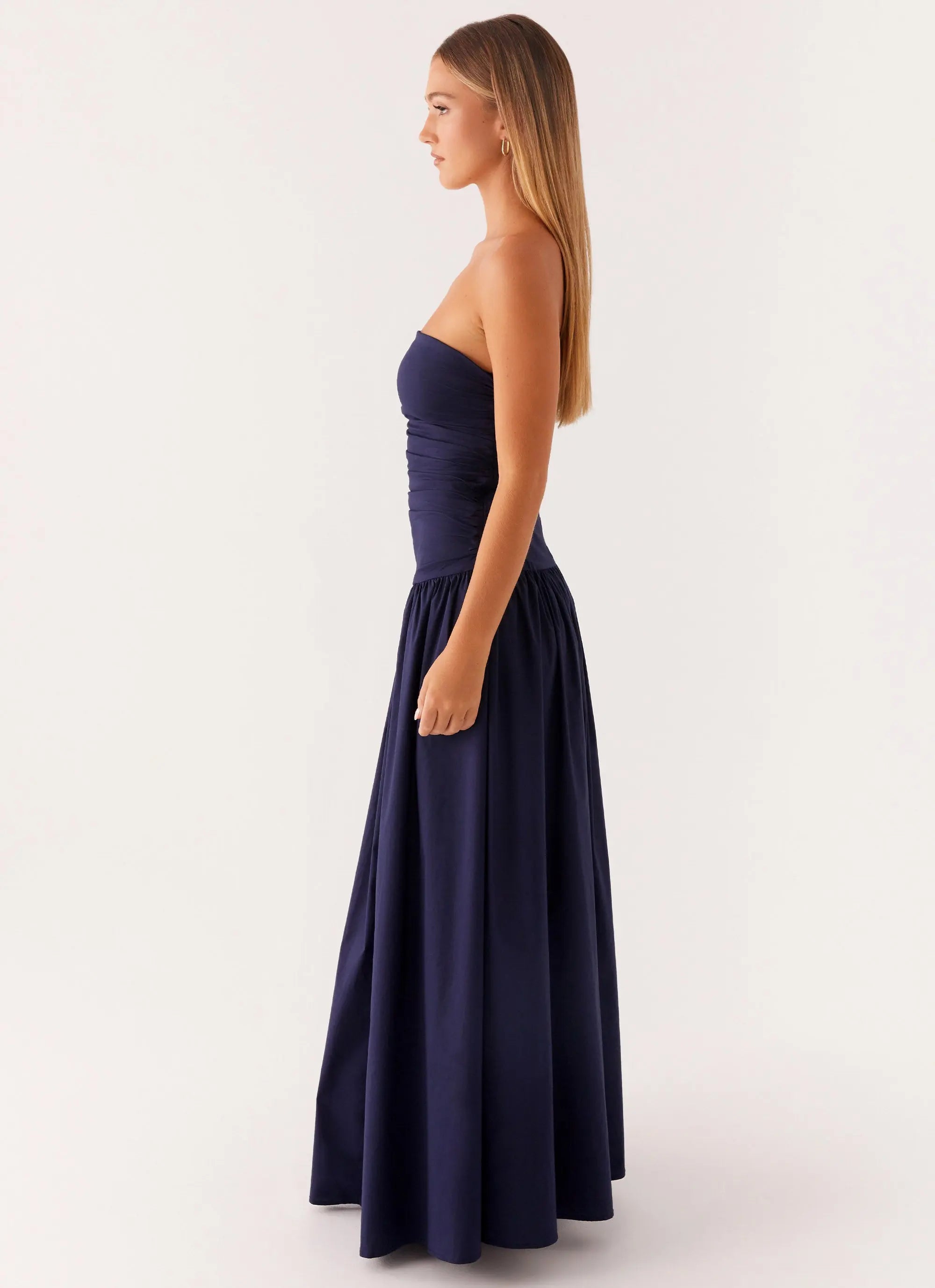Strapless maxi dress with flared hem in navy