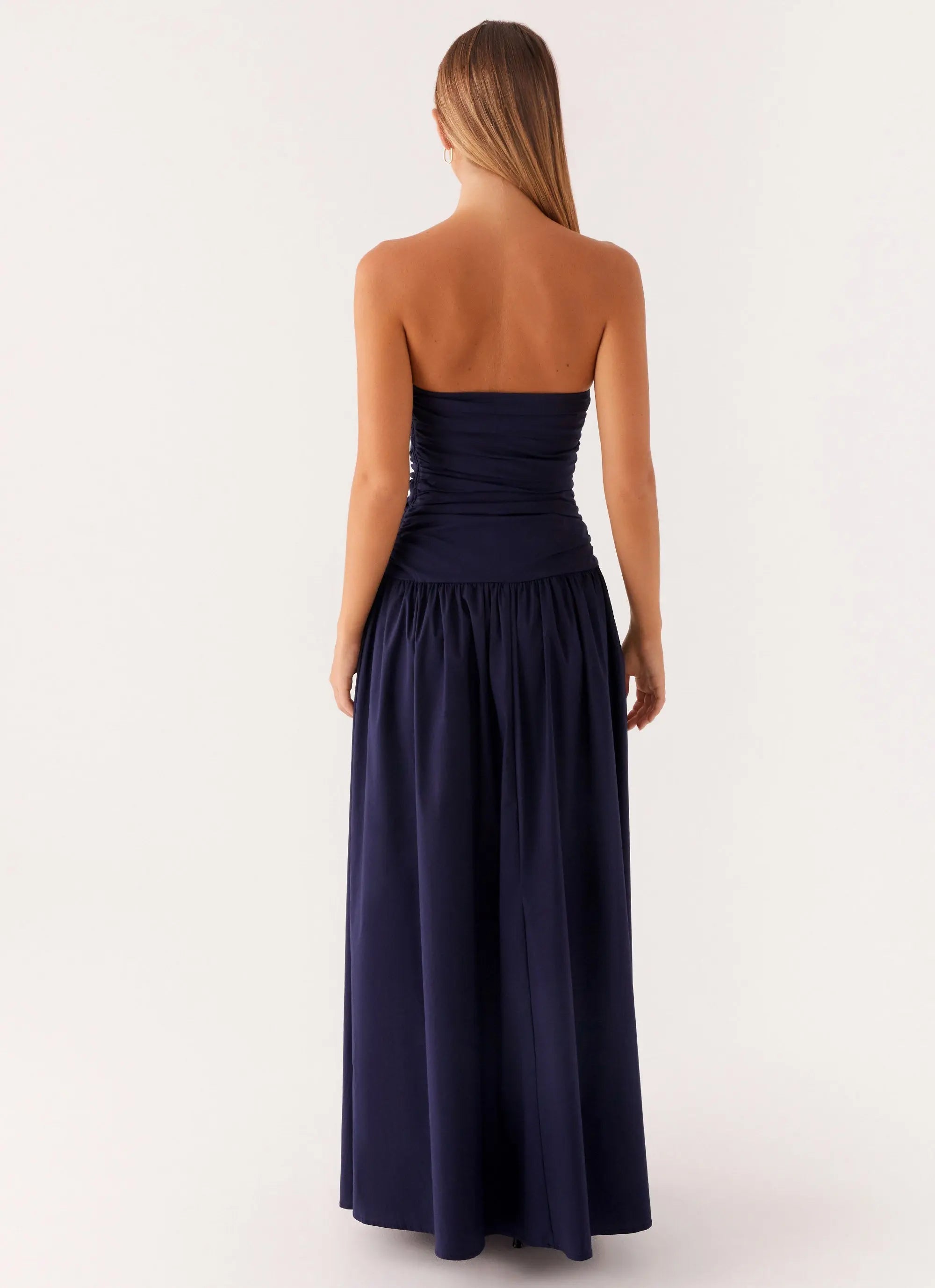 Strapless maxi dress with flared hem in navy