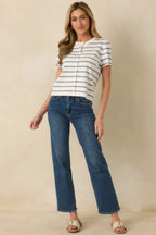 Women's Casual Authority Navy Stripe Knit Button Front Short Sleeve Top | 70% Viscose & 30% Nylon 4