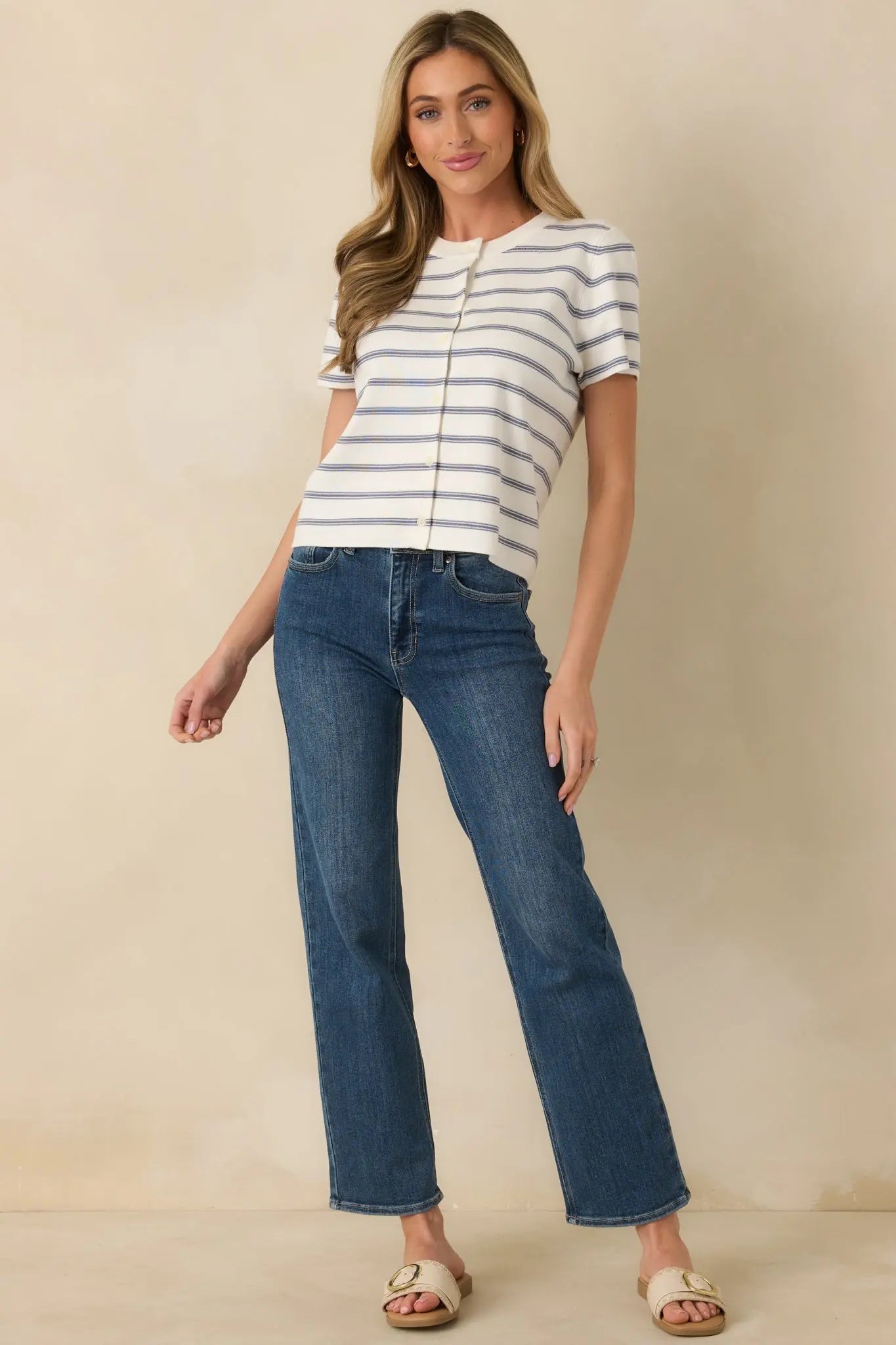 Women's Casual Authority Navy Stripe Knit Button Front Short Sleeve Top | 70% Viscose & 30% Nylon 4