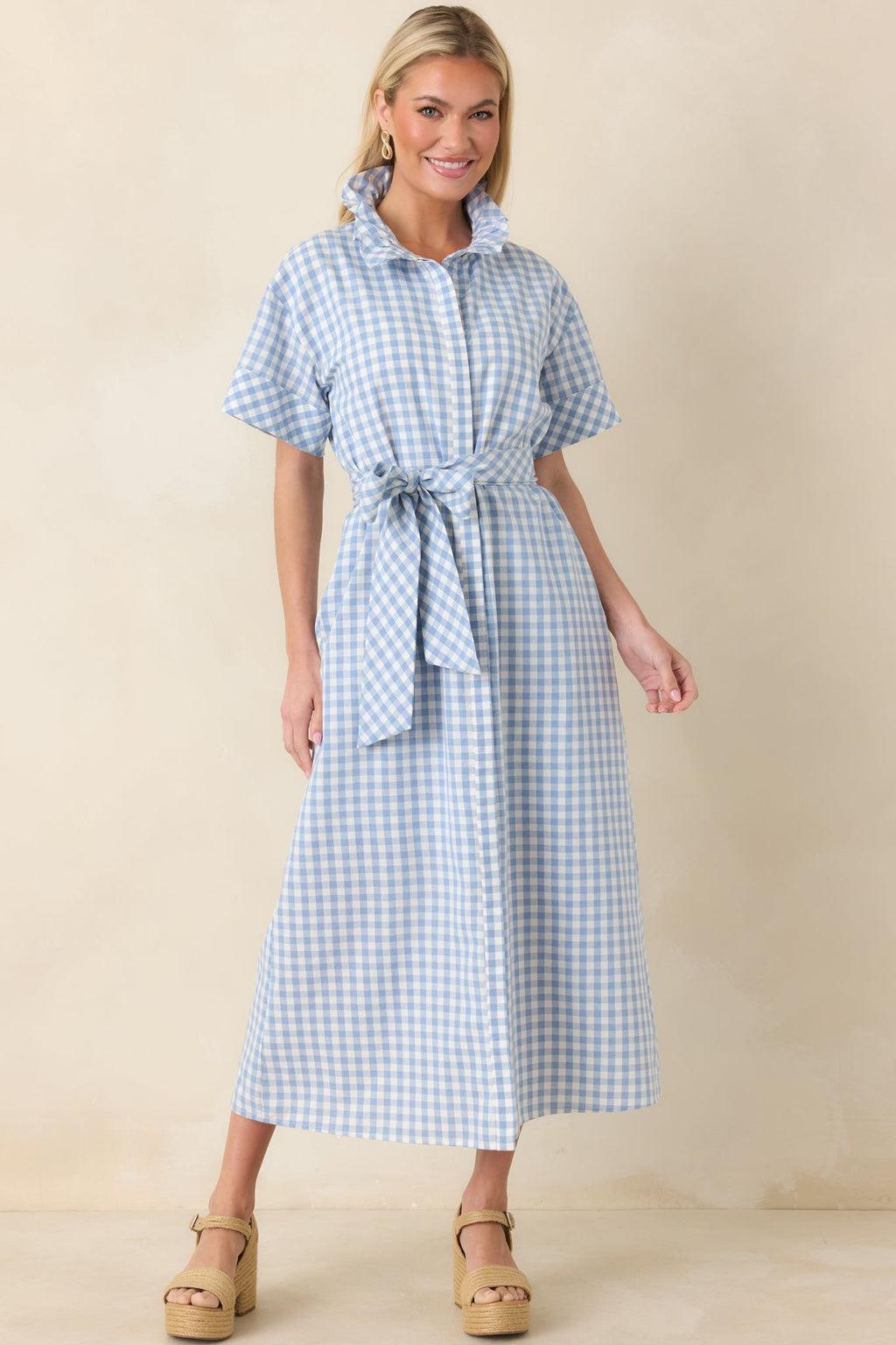 Women's Check Me Out Blue Gingham Ruffle Collar Belted Maxi Dress | 72% Cotton 2