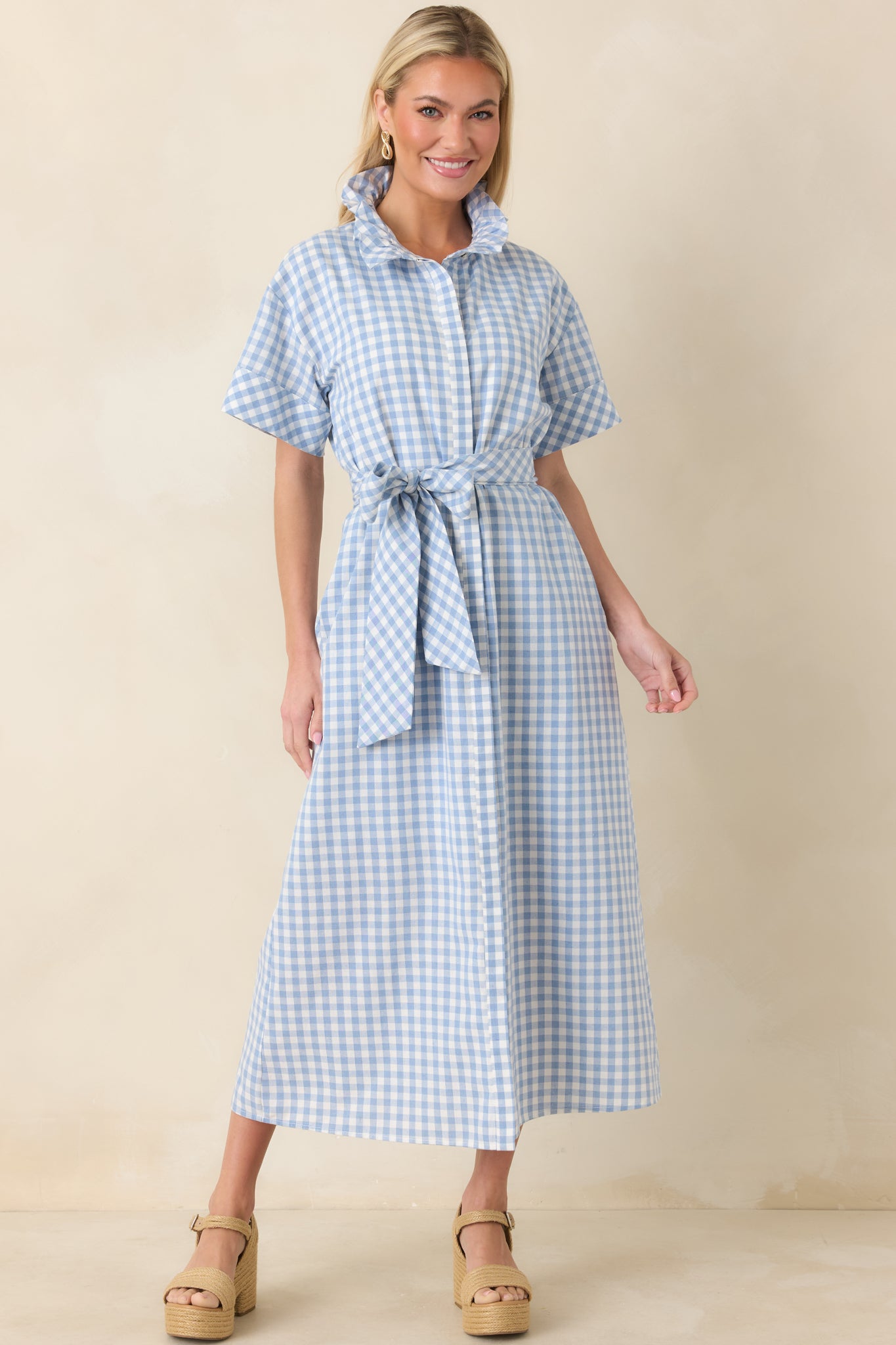 Women's Check Me Out Blue Gingham Ruffle Collar Belted Maxi Dress | 72% Cotton 2