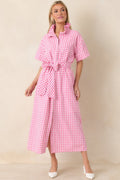 Women's Check Me Out Pink Gingham Ruffle Collar Belted Maxi Dress | 72% Cotton 0