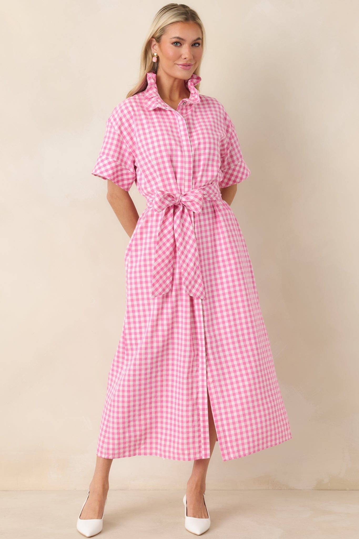 Women's Check Me Out Pink Gingham Ruffle Collar Belted Maxi Dress | 72% Cotton 2