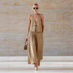 Chic Women's Sleeveless Vest & Wide-Leg Matching Set | Lace-Up Summer Co-Ord