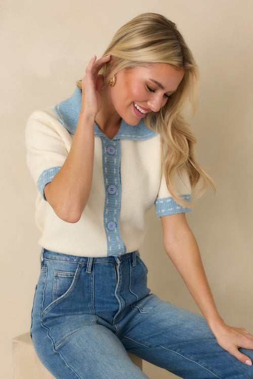 Women's Clubhouse Chic Blue & Ivory Contrast Trim Button-Front Knit Polo Cardigan | 65% Polyester 0