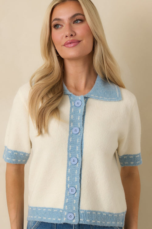 Women's Clubhouse Chic Blue & Ivory Contrast Trim Button-Front Knit Polo Cardigan | 65% Polyester 1