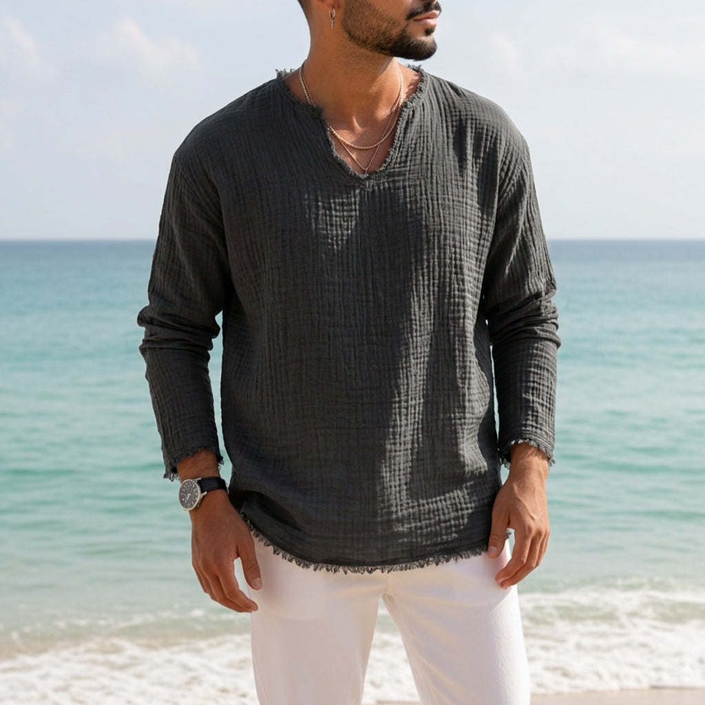 Coastal Breeze | Linen-Cotton Blend V-Neck Shirt with Relaxed Fit | Perfect for Casual Days Out