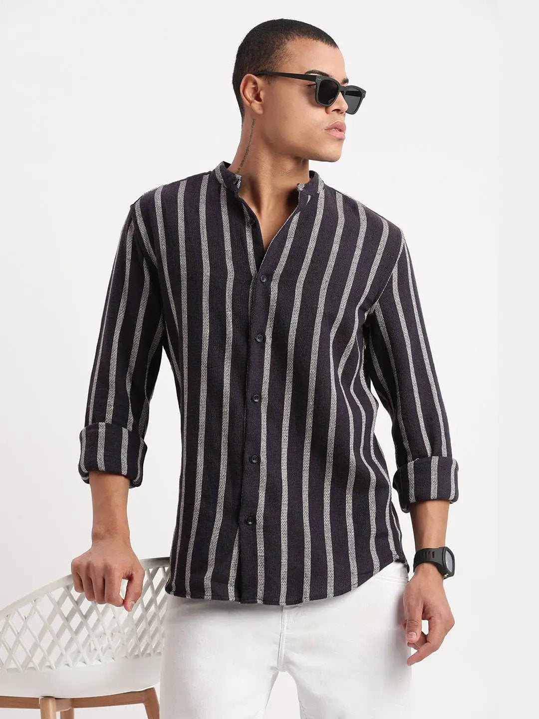 Contemporary Style | Men's Shirt with Mandarin Collar & Stripes | Versatile Design for All-Day Comfort