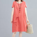 Cotton Linen Midi Dress – Women's Summer Dress with Pockets –...