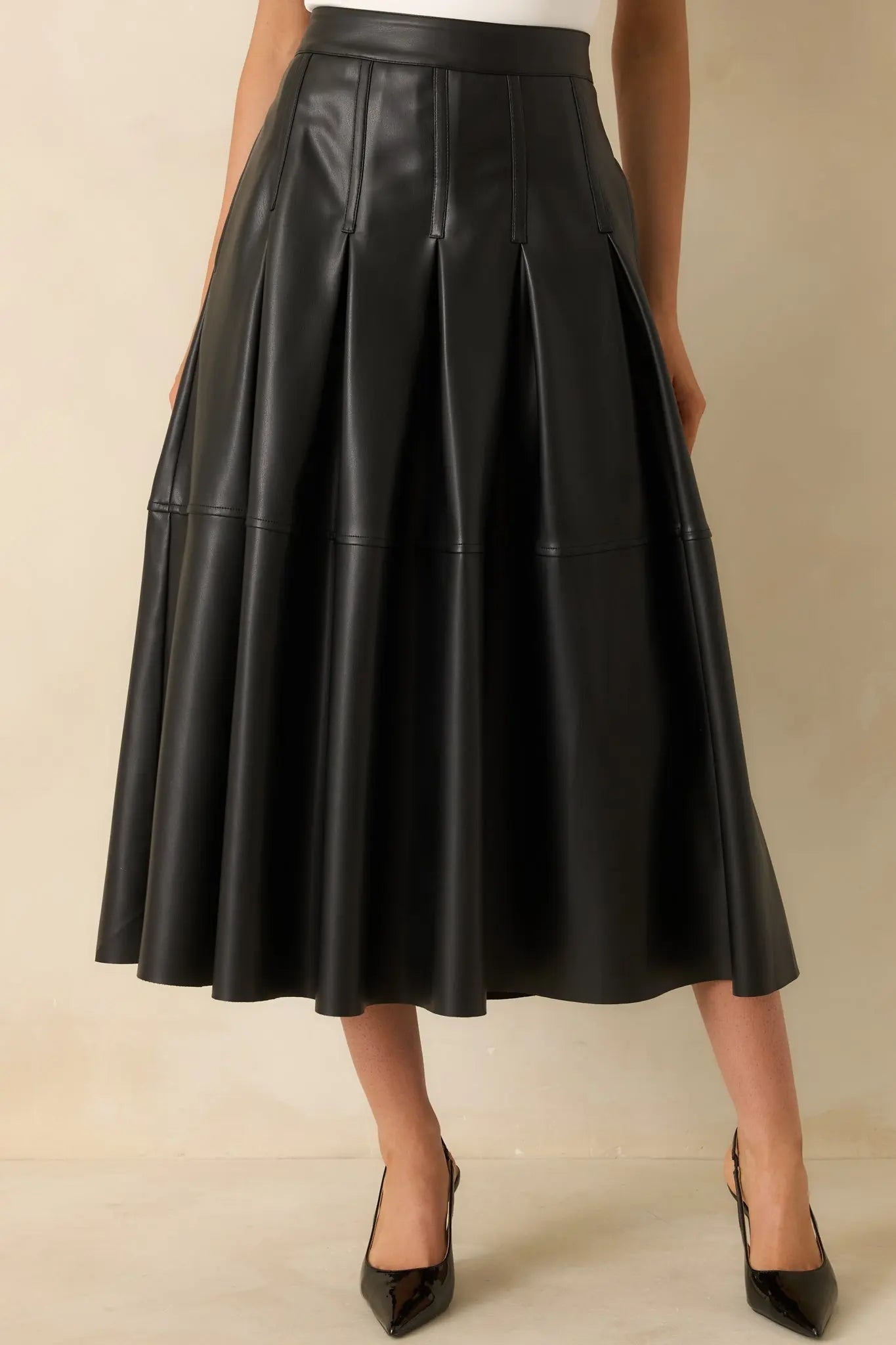 Women's Cut To Perfection Black Faux Leather Pleated Midi Skirt | 45% Polyurethane & 55% Polyester 4