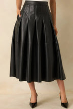 Women's Cut To Perfection Black Faux Leather Pleated Midi Skirt | 45% Polyurethane & 55% Polyester 6