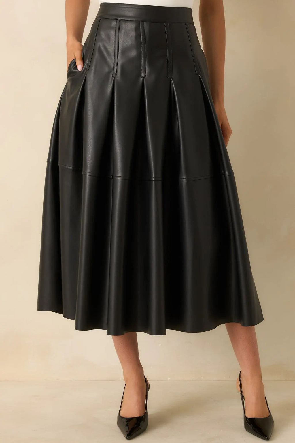 Women's Cut To Perfection Black Faux Leather Pleated Midi Skirt | 45% Polyurethane & 55% Polyester 7