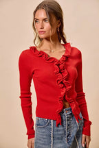 Elegant Cascade Ruffle Cardigan Sweater with Ruffled Detail | Stylish Layering for Women