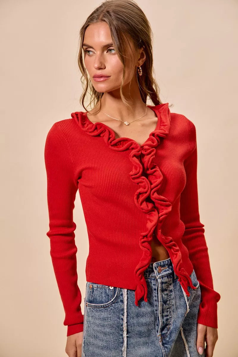 Elegant Cascade Ruffle Cardigan Sweater with Ruffled Detail | Stylish Layering for Women
