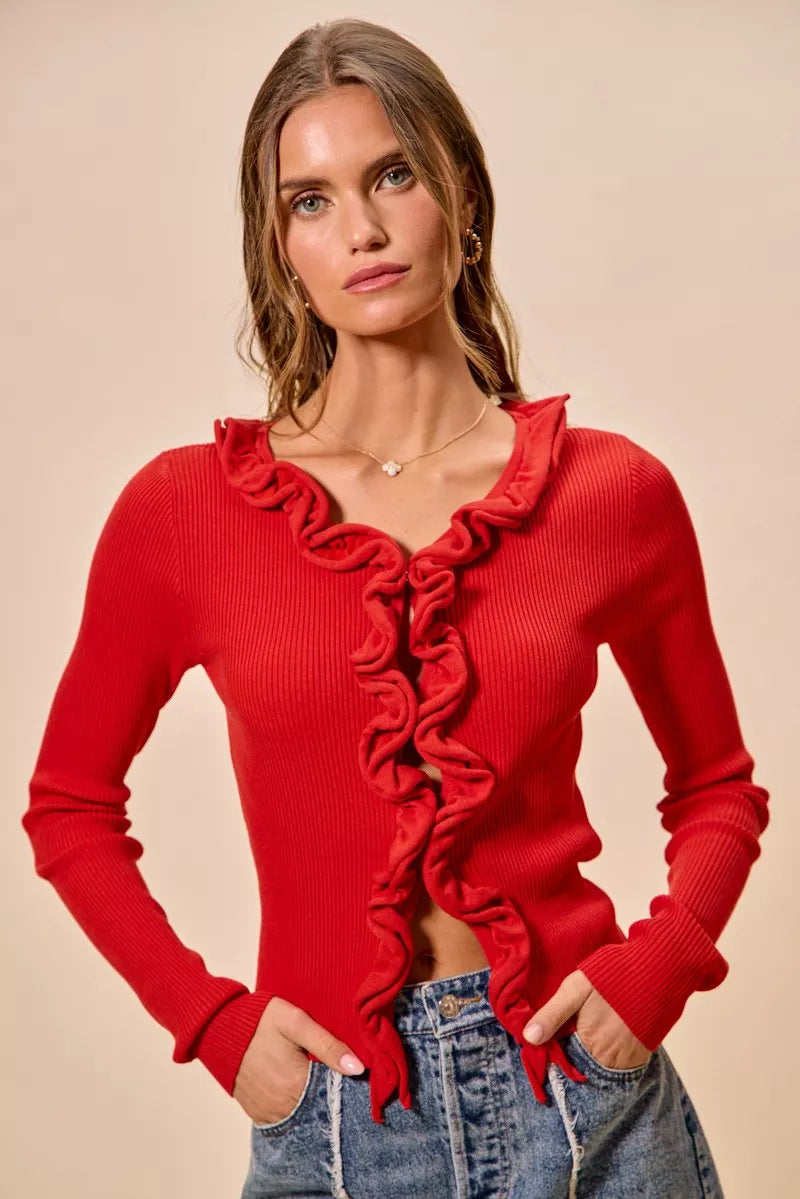 Elegant Cascade Ruffle Cardigan Sweater with Ruffled Detail | Stylish Layering for Women