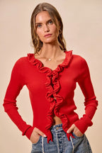 Elegant Cascade Ruffle Cardigan Sweater with Ruffled Detail | Stylish Layering for Women