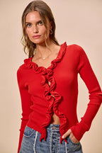 Elegant Cascade Ruffle Cardigan Sweater with Ruffled Detail | Stylish Layering for Women