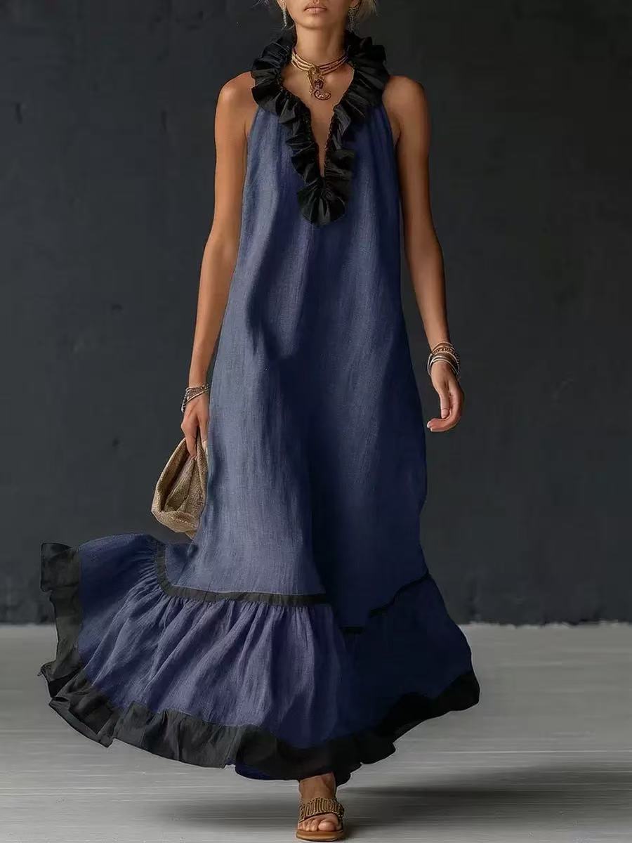 Sleeveless V-Neck Ruffle-Hem Maxi Dress