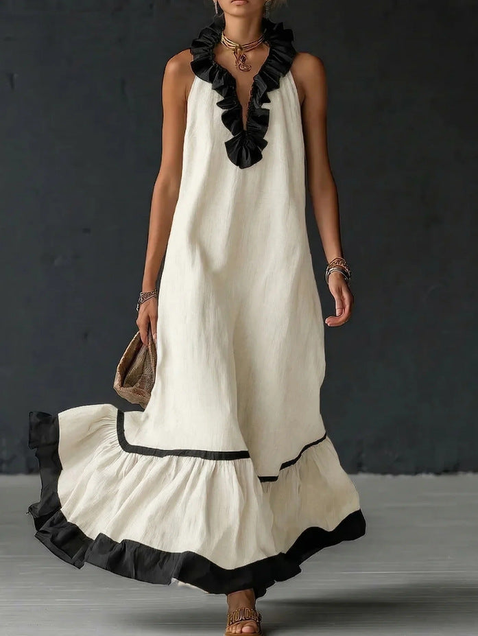 Sleeveless V-Neck Ruffle-Hem Maxi Dress