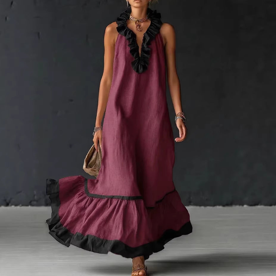 Sleeveless V-Neck Ruffle-Hem Maxi Dress