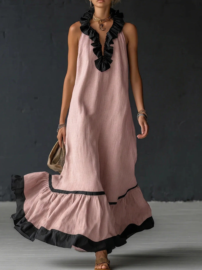 Sleeveless V-Neck Ruffle-Hem Maxi Dress