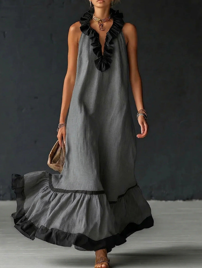 Sleeveless V-Neck Ruffle-Hem Maxi Dress