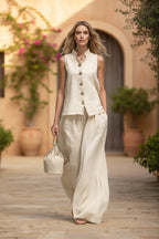 Elegant Cotton-Linen Women's Sleeveless Vest & Wide-Leg Matching Set | Effortless Co-Ord